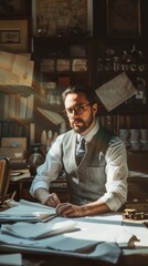 Poster - A man in a vest sits at a desk with a book in front of him. He is wearing glasses and he is writing. The scene suggests a quiet, focused atmosphere, with the man likely working on a project or task