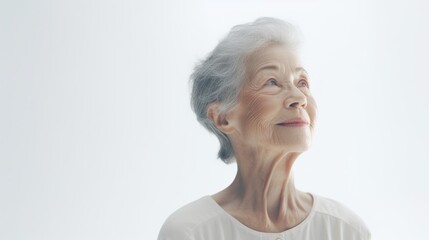 Poster - Generative AI Senior female gardener, showcasing contentment and tranquility, with a peaceful smile, against a white backdrop