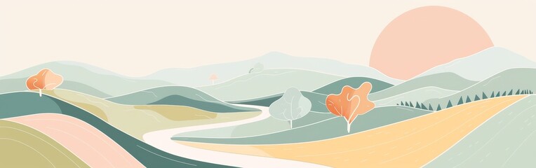 Poster - A beautiful landscape with a winding road and trees. The sky is pink and the sun is setting