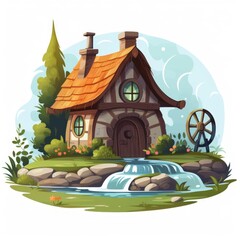 Poster - Generative AI A cozy fairytale house with a rustic water well and a serene countryside setting.