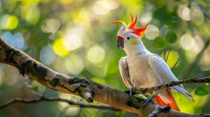 Poster - A white and orange bird is sitting on top of a tree branch, showcasing its vibrant colors against the green leaves in the background. The bird appears to be calmly observing its surroundings.