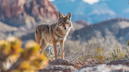 Aufkleber - A coyote is standing on a rocky hillside in the desert. Concept of solitude and isolation, as the coyote is alone in the vast, barren landscape