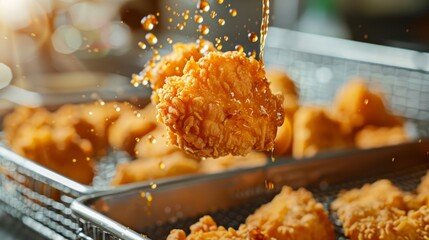 Wall Mural - Closeup shot of golden crispy chicken nuggets being poured onto a metal pan, capturing the sizzling and appetizing moment