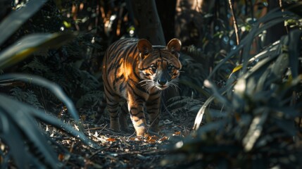 Aufkleber - A tiger is walking through a jungle. The jungle is lush and green, with many trees and plants. The tiger is the main focus of the image, and it is walking through the jungle with a sense of purpose