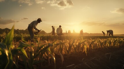 Poster - Generative AI Sunset over a tranquil farm, with workers using traditional methods to handpick corn in a vast, amber-hued cornfield.