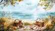 A cozy scene of a family picnic on the beach, with a watercolor ocean view, complete with picnic blanket and basket  isolated on white background clipart