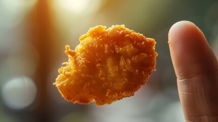 Wall Mural - Close-up of a person holding a crispy chicken nugget against the light, highlighting its golden-brown color and juicy interior