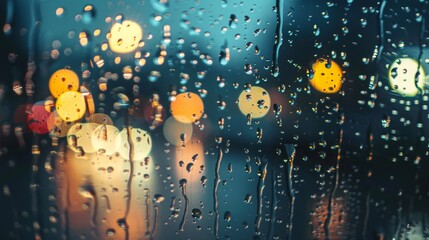 Aufkleber - Rain drops cascade down a window pane while a street light illuminates the wet night scene. The contrast between the blurred background and focused raindrops creates a moody ambiance.