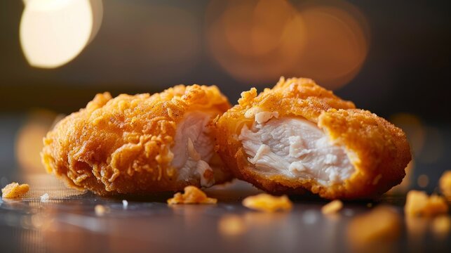 close-up of a crispy chicken nugget broken in half, showcasing tender meat and crunchy coating on a 