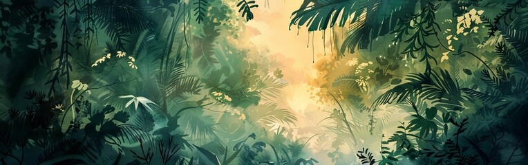 Wall Mural - A lush green jungle with a bright yellow sun shining through the trees