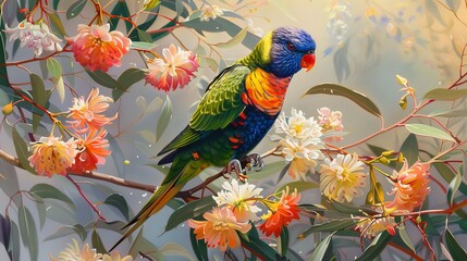 Poster - Two vibrant birds, resembling Rainbow Lorikeets, are perched on a branch in a painting. The birds are showcasing a variety of colors as they sit comfortably on the branch.