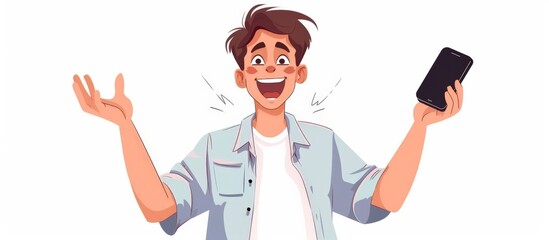 Poster - Smiling man standing holding cell phone
