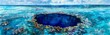 A detailed watercolor painting of the Great Blue Hole, a large sinkhole in the ocean surrounded by vibrant blue waters and coral reefs.