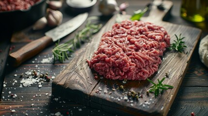 Wall Mural - Side angle shot of raw ground beef spread out on a dark wooden cutting board