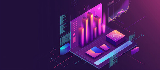 An right aligned isometric digital illustration showcasing a futuristic financial graph with vibrant neon colors on a dark background, embodying futuristic trading and analytics