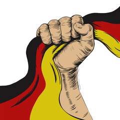 3 October. Germany Independence Day. Hand with Germany flags. Fist clenching national flag ribbon of country Germany. Vector illustration on white for banner, card, poster, social media.