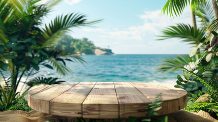 Wooden podium for product presentation on the beach with tropical plants and water in background, 3d rendering , illustration, banner mockup design 16:9