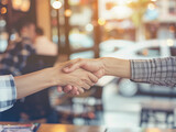 Fototapeta  - Customer shake hand with auto insurance agents after agreeing to terms of insurance with blurred car on background 