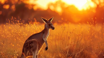 Aufkleber - A kangaroo stands in a field of tall grass. The sun is setting, casting a warm glow over the scene. The kangaroo appears to be looking to its right