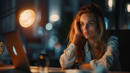 Poster - A focused woman sitting in front of a laptop computer, working diligently. She is typing and looking at the screen intently, surrounded by a work environment.