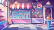 A candy shop empty interior with pastry, a cashier desk, shelves and tables with chocolates, candycanes, and lollipops for sale, a banner with typography sweets decorate life cartoon modern