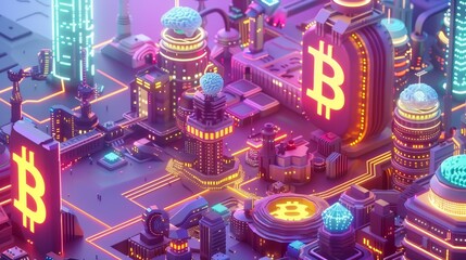 Aufkleber - Isometric block chain website with bitcoin, a human brain, and neon-glow skyscraper buildings in a smart city with robots. Web banner for cryptocurrency business mining solutions.