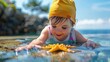 A toddlers joyful expression as they gently touch a starfish at a touch pool with the ocean in the background