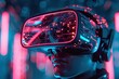 A virtual reality headset glowing with neon circuits