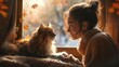 Craft a heartwarming scene of a lovely pet and its owner sharing a tender moment