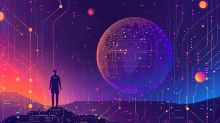 Poster - A man stands on a hill looking at a large glowing sphere. The sky is filled with colorful lights and the man is looking up at the sky. Concept of wonder and awe at the beauty of the universe