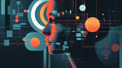Aufkleber - A woman's face is shown in a computer generated image with a lot of circles and squares. The image is abstract and has a futuristic feel to it