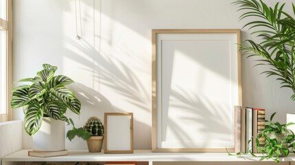 Wall Mural - Serene bedroom with morning light and blank frame, interior of a house on white, morning light 