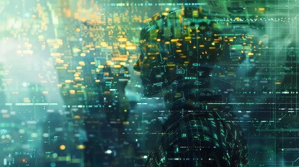 Aufkleber - A person is standing in front of a cityscape with a green background. The person is surrounded by a lot of digital elements, which gives the impression of a futuristic city. Scene is one of awe