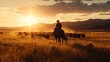 Generative AI A lone cowboy riding across the vast, open range with a herd of cattle, silhouetted against the setting sun.