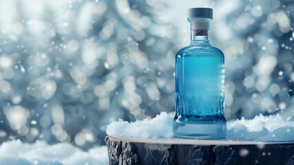 Wall Mural - A blue gin bottle ona wooden surface in a snowy background. Generated by artificial intelligence.