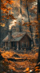 Aufkleber - A small cabin in the woods with smoke coming out of the chimney. The cabin is surrounded by trees and leaves, giving it a cozy and rustic feel. The smoke suggests that someone is inside