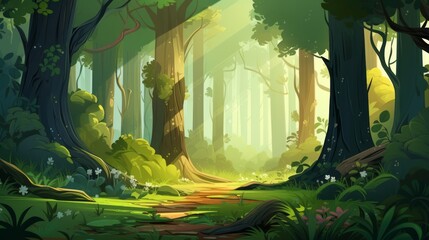 Wall Mural - Generative AI A lush, green forest with towering trees and sunlight filtering through.