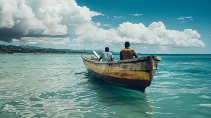 Wall Mural - A man and a woman are sitting in a small boat on a lake