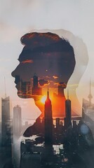 Poster - A womans face is overlaid with a city skyline in a double exposure. The contrasting images create a unique blend of urban and human features.