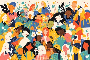 Wall Mural - An illustration of diverse people from various ethnicities and genders, each with their own unique facial features and hair styles, standing together in unity