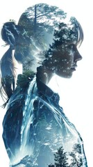 Poster - A double exposure showcasing the merging of a womans face with the silhouette of trees in the background. The two subjects blend seamlessly, creating a unique visual effect.