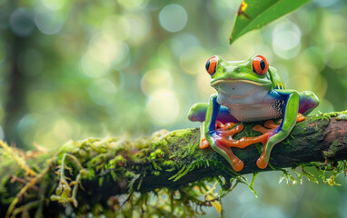 Wall Mural - Closeup of red-eyed tree frog perched on mossy branch in rainforest on a sunny day