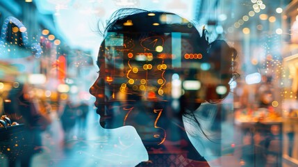Poster - A womans face is reflected in a window, creating a double exposure composition. Her features are visible against the glass surface, blending with the urban environment outside.