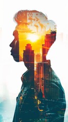 Poster - A double exposure showcasing a mans face superimposed with a city skyline in the background. The blend of urban and human elements creates a captivating visual contrast.
