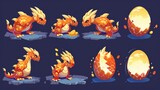 Fototapeta Pokój dzieciecy - The golden dragon egg in different stages of breaking and revealing a baby. Modern cartoon animation sprite sheet with the arrival of a magic animal, bird, or reptile from the golden egg.