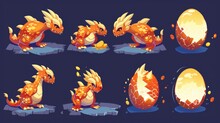 The Golden Dragon Egg In Different Stages Of Breaking And Revealing A Baby. Modern Cartoon Animation Sprite Sheet With The Arrival Of A Magic Animal, Bird, Or Reptile From The Golden Egg.