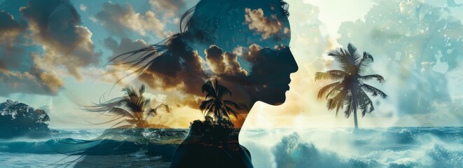 Poster - A woman's silhouette is shown in a beautiful ocean scene with palm trees. Concept of tranquility and relaxation, as the woman is enjoying the peaceful surroundings