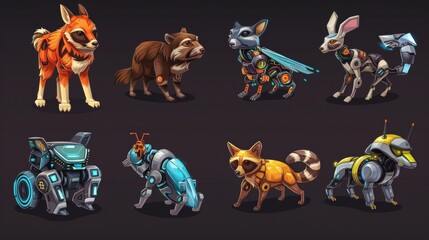 Poster - A set of cyborg robots, animalistic and mechanical characters, isolated in modern form, including a raccoon, a squirrel, a beaver, and a hare. Cartoon robotics characters, mechanical and electronic