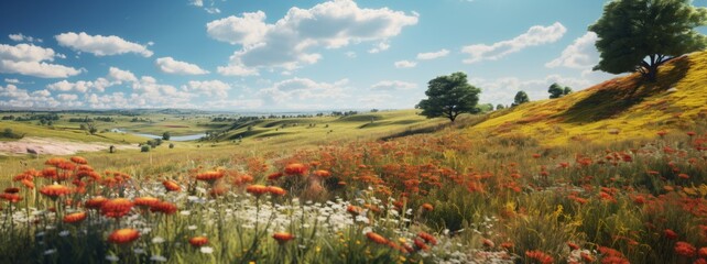 Poster - Generative AI A prairie landscape teeming with Indian paintbrushes, sunflowers, and other spring wildflowers.