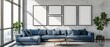 Frames mock up on color wall hanging above cozy home sofa. Modern living room comfortable stylish trendy couch posters decor background. Empty blank pictures canvas interior design decoration mockup